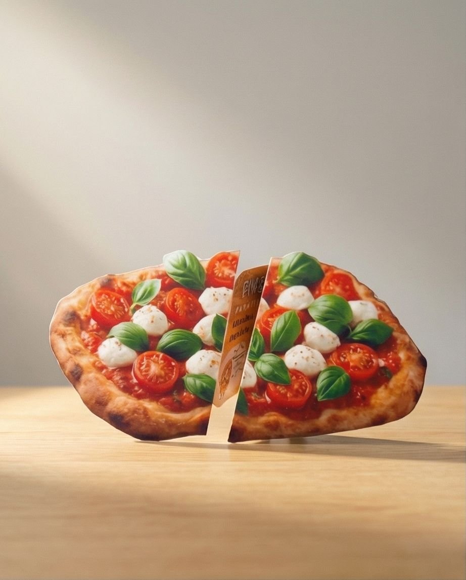 Folded standing pizza flyer on table