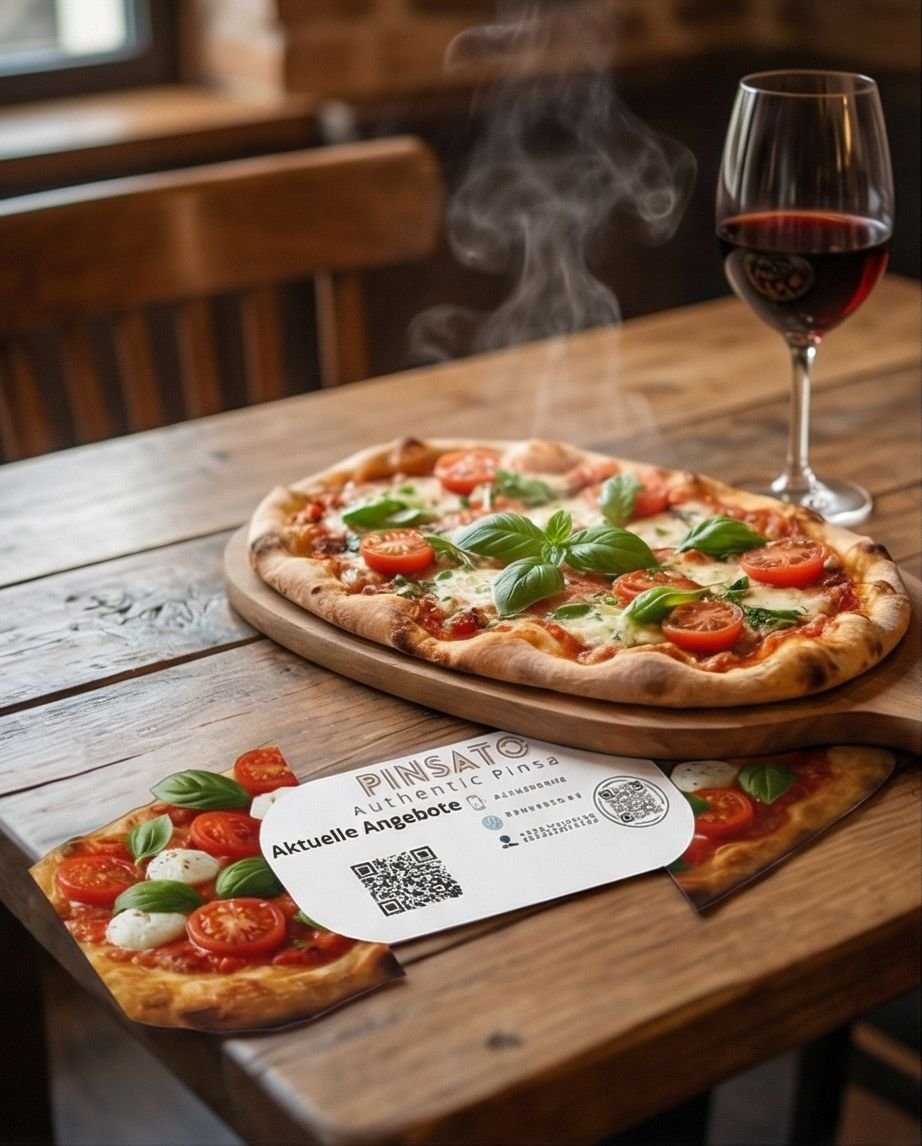 Pinsato branded flyer on restaurant table with wine